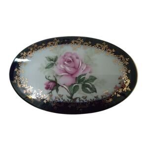 Limoges France Rehausse Main Rose Cobalt Blue Gold Oval PorcelainTrinket Box